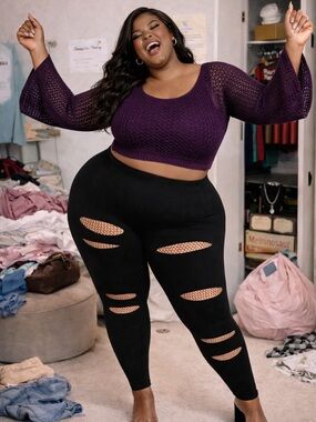 torrid Black Ripped Fishnet-Accent Leggings with Purple Crop Top